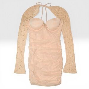 Oh Polly Champagne Pearl Beaded Ruched Mesh Mini Dress US 8